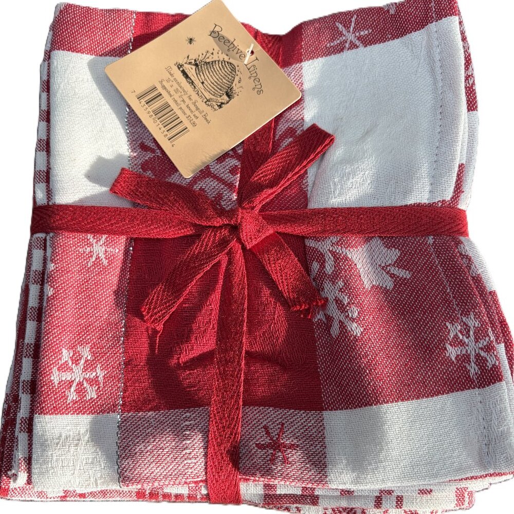 Beehive Linens 5 pack Cotton Red White Plaid Metallic Snowflake Kitchen Towels